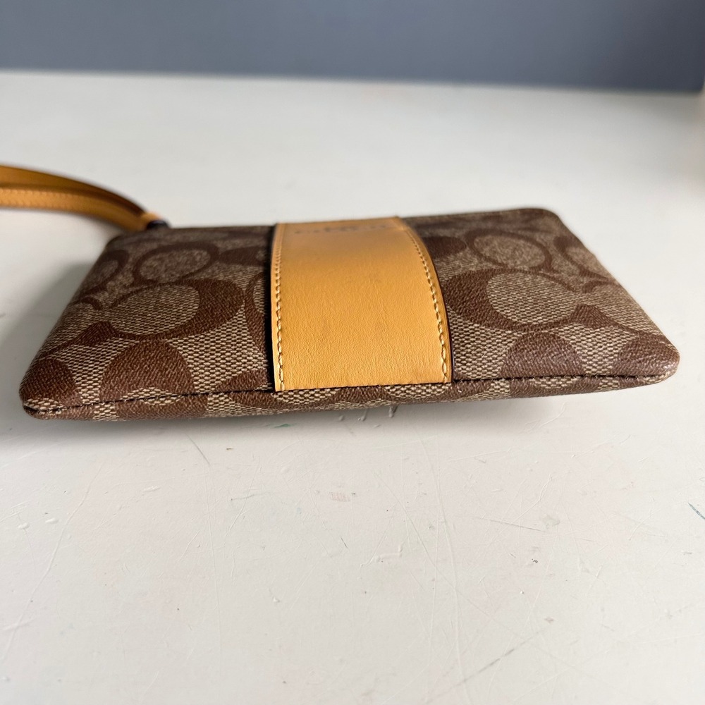 Coach Corner Zip Wristlet Signature Canvas Brown Ochre Yellow F58035 - Picture 6 of 10